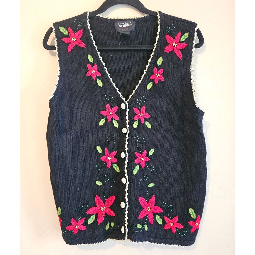 Vintage Designer Originals Studio Vest Womens Medium Black ,Poinsettia xmas